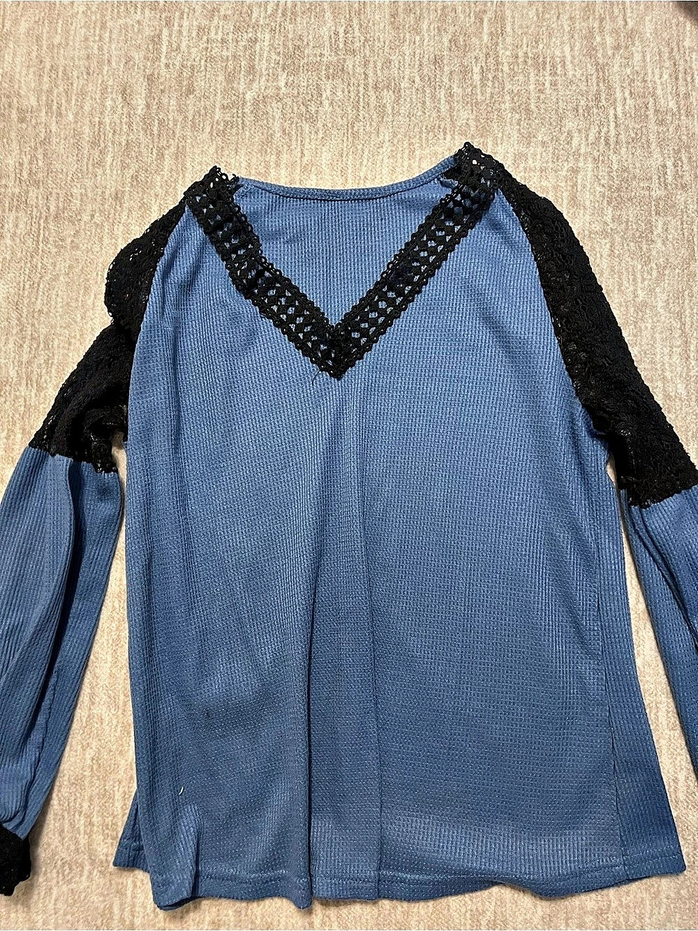 SHEIN Frenchy Lace Spliced Long Sleeve Waffle Fabric T-Shirt Blue & Black Lace
